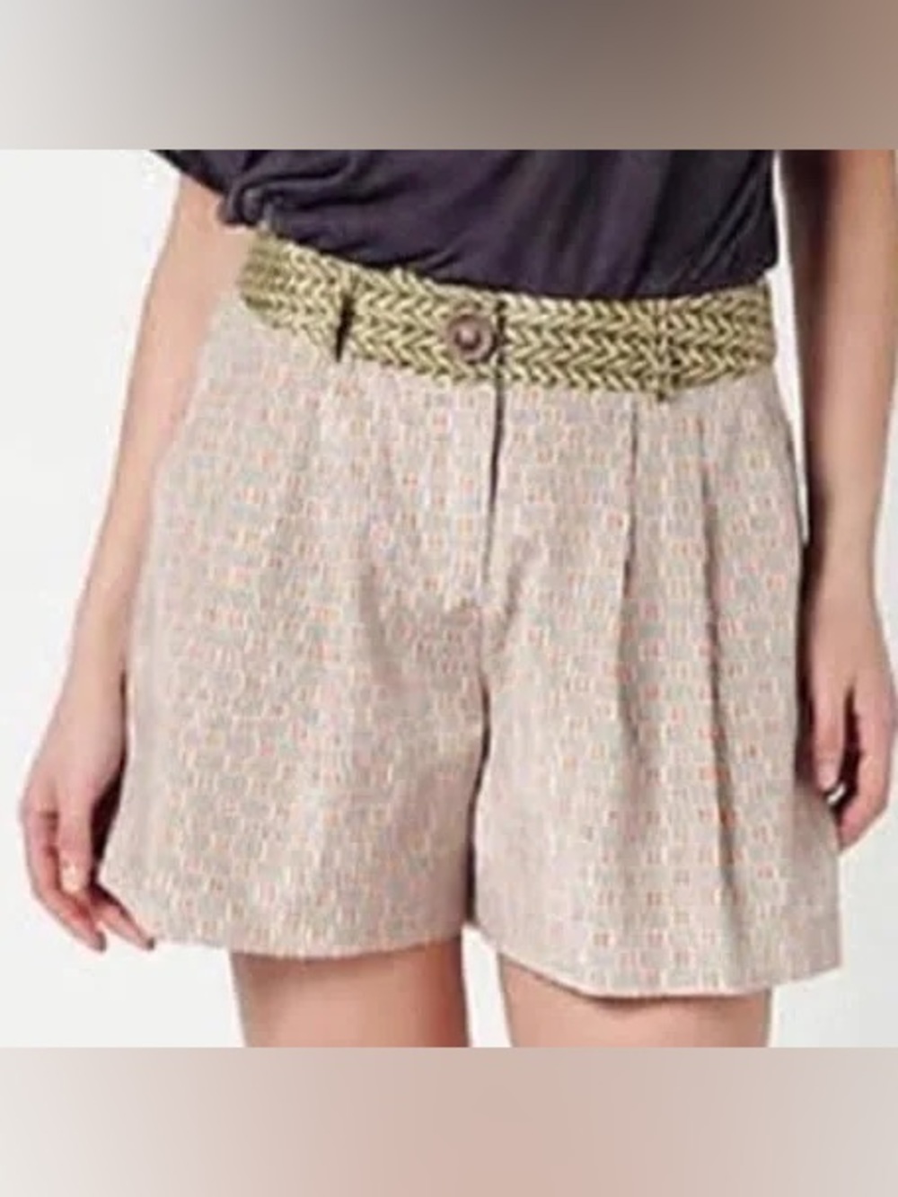 Corey Lynn Calter Beige Patterned High-Waist Shorts with Olive Braided Belt